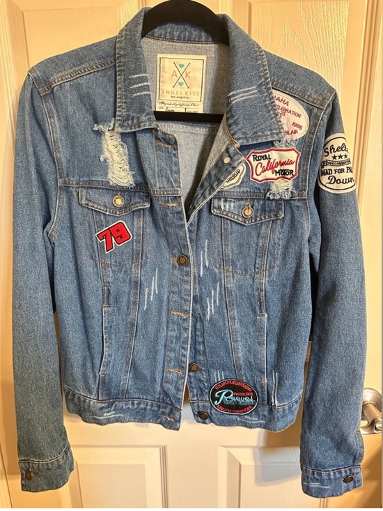 Angel Kiss Jackets & Blazers - Angel Kiss Jean Jacket w Decorative Patches, Blue, Red & White, Sz Large